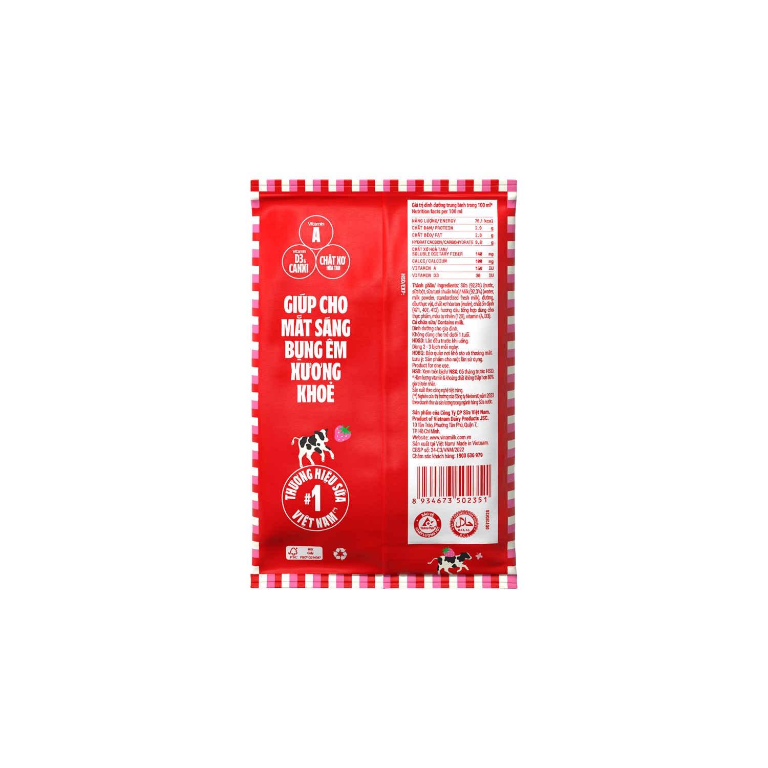 Sữa tươi Dinh dưỡng Vinamilk hương Dâu bịch 220 ml  Thùng  48 bịch